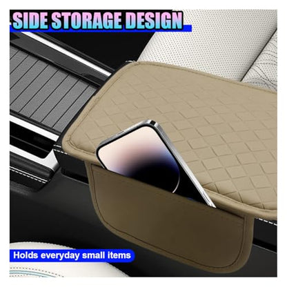 Leather Car Center Console Cover, Anti-Scratch Auto Middle Console Protective Cushion with 2 Storage Bags, Universal Waterproof Vehicle Armrest Pad Accessory for Sedan, SUV, Truck (Beige) - color: Beige