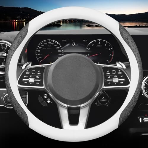 HAOTULE New Nappa Leather car Steering Wheel Cover, Universal 15 inch (White and Black) - color: White and Black