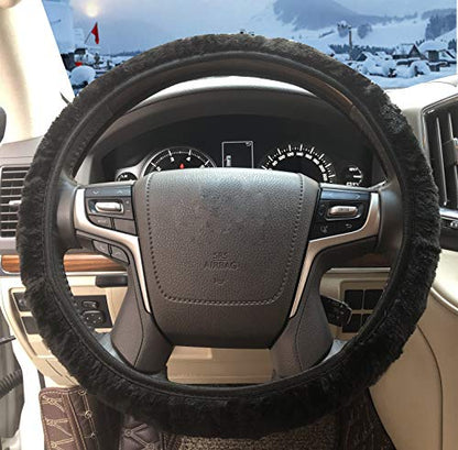 ZHOL Steering Wheel Cover Universal 15 Inch Elastic Plush Soft Steering Wheel Cover for Women Men, Winter Warm, Anti-Slip, Odorless, Black - color: Solid-color Black