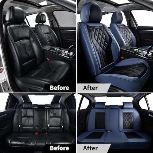 Universal Seat Covers for Cars Full Set, Automotive Seat Covers, Waterproof Leather Car Seat Protector Fit for Most Sedans SUV Pick-up Truck- Blue&Black