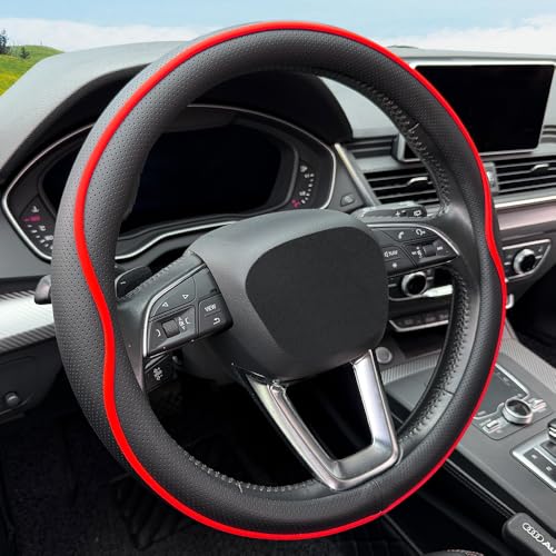 HAOTULE Leather Steering Wheel Cover， with Anti-Slip Stripe Design - Enhanced Grip, Fashion Style, Safe, Non-Slip, Breathable. Upgrade car Interior，Black red - color: Black red