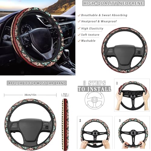 Dreaweet Aztec Ethnic Tribal Horse Car Seat Covers Full Set 12 Pcs Car Accessories,Steering Wheel Cover/Armrest Cover/Seatbelt Covers/Cup Coasters/Gear Shift Cover/Handbrake Cover,Universal Fit - color: Aztec Ethnic Tribal Horse