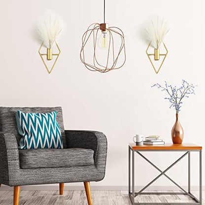 2 Pcs Boho Wall Decor Metal Gold Wall Art Hanging Planters with Artificial Pampas Modern Home Decor Display Art for Living Room Bedroom Bathroom(Rhombus) - style: Rhombus