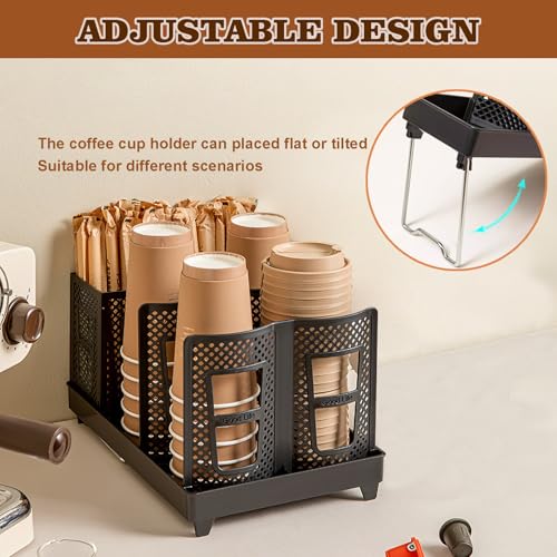 Cup and Lid Holder, Disposable Paper Cup Dispenser with Stand, 6 Slots Coffee Cup and Lid Storage Holder with Straw Organizer for Coffee Station Bar Office Home Countertop Breakroom Restaurant