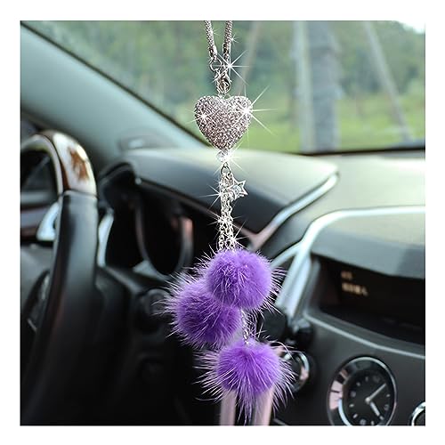 Ziciner Bling Diamond Heart Car Interior Accessories, Mirror Hanging Ornament for Women, Love Heart & Pink Plush Ball Decor Ornament Pendant, Hanging Decoration Charm Pendant (Purple) - color: Purple