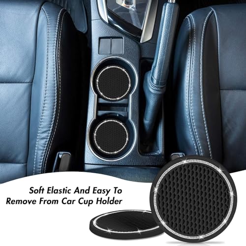 Car Cup Holder Coasters, 2.75 Inch, 2-Pack, for Women | Universal, Bling Crystal Rhinestone, Anti-Slip Silicone, Auto Interior Accessories