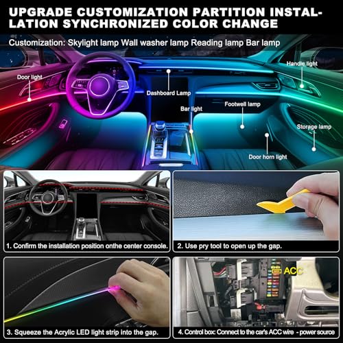 Dreamcolor Acrylic Interior Car LED Strip Light with Wireless APP, Dual Zone RGB 18 in 1 with 175 inches 593 LEDs Fiber Optic Neon Strip Lights for Car, Music Sync Neon Car Ambient Lighting Kits
