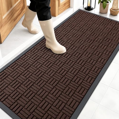 OLANLY Front Door Mat Outside Entrance 59x23, Absorbent, Heavy Duty Sturdy Natural Rubber Doormat Indoor Outdoor, Stain and Fade Resistant, Non-Slip Backing Low Profile Floor Mat for Entryway, Brown - color: Brown, size: 59" X 23"