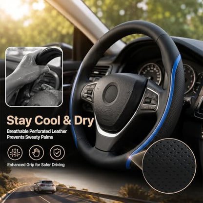 Steering Wheel Cover Blue, Carbon Fiber Car Steering Wheel Covers with Coasters Universal 14.5-15 inch Leather Microfiber Breathable Anti-Slip Steering Wheel Accessories Set - color: Blue, size: Medium
