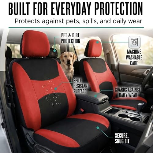 FH Group Car Seat Covers Full Set Cloth, Universal Fit combo, Automotive Covers, Low Back Front Airbag Compatible,Split Bench Rear Seat,Washable Cover for SUV,Sedan,Van Red - color: Red