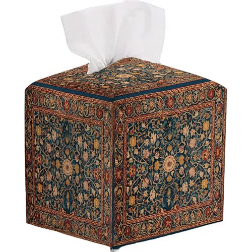 Tissue Box Cover Holder Square - Vintage Boho PU Leather Decorative Organizer, Ethnic Carpet Pattern Design Inspired, with Bottom Belt for Bathroom Car Office Tabletop Home, 5x5 Inch (Blue&Red) - color: Blue&red