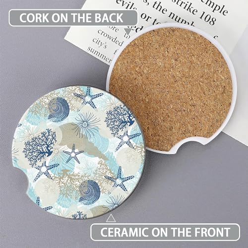 Car Coasters for Cup Holders,2 Pack Coastal Beach Absorbent Ceramic Coaster Shell Starfish Coral Non-Slip Auto Accessories Interior Decor