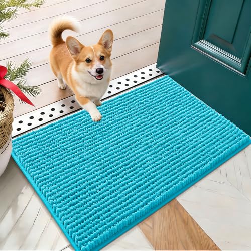 OLANLY Dog Door Mat for Muddy Paws 24x16, Ultra Absorbent Chenille Mud Doormat, Non-Slip Washable and Dirt Trapping Doormat for Indoor Entryway, Quick-Dry Indoor Pet Bed Mats for Dogs, Aqua Blue - color: Aqua Blue, size: 24" X 16"