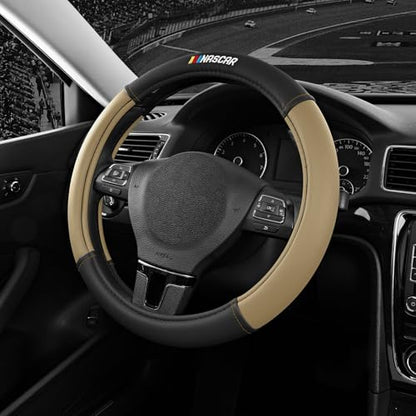 NASCAR Steering Wheel Cover, Two-Tone Beige Leather Patchwork, Universal Fit 14.5"-15.5" Steering Covers for Cars, Anti-Slip, Soft Grip, Odor-Free, Trucks & SUVs, Racing Style Interior Upgrade
