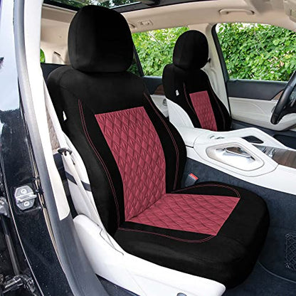 Universal Fit Diamond Stitched Flat Cloth Car Seat Covers Full Set - Burgundy - color: Burgundy