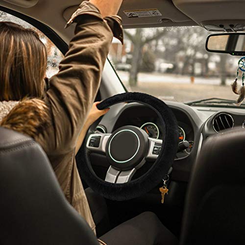 Fluffy Steering Wheel Cover for Women Girls, Accmor Universal Fit 15 inch Fur Car Wheel Cover & Handbrake Cover & Gear Shift Cover Set, Fashion Winter Warm Fuzzy Vehicle Wheel Protector (Black)