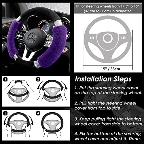 Achiou Rhinestone Fluffy Steering Wheel Cover - Comfortable Non-Slip Luxury Faux Wool, Universal Fit for 14.5" to 15" Steering Wheels - color: Black and Purple