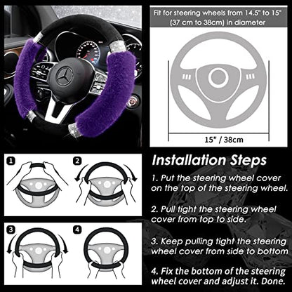 Achiou Rhinestone Fluffy Steering Wheel Cover - Comfortable Non-Slip Luxury Faux Wool, Universal Fit for 14.5" to 15" Steering Wheels - color: Black and Purple