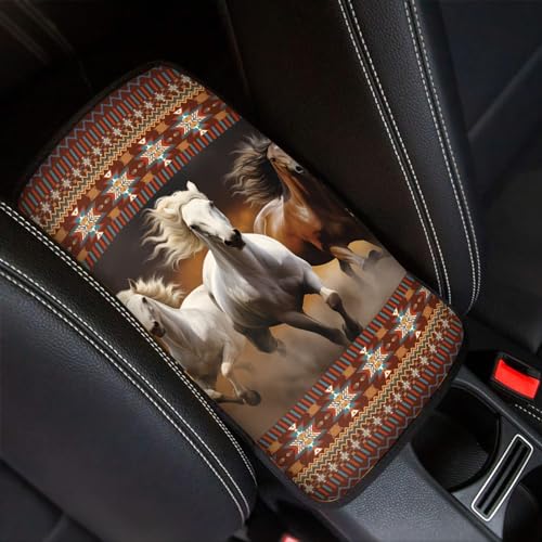 UNICEU Aztec Horse Tribal Geometric Car Accessories Center Console Armrest Cushion Cover Universal for Most Cars, Trucks SUV Neoprene Auto Armrest Protector Cover - color: Animal Horse Aztec Tribal Geometric