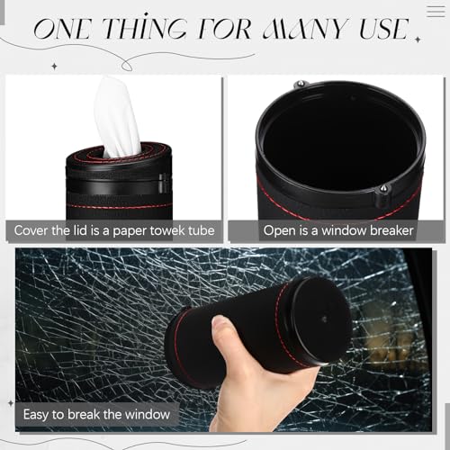 1 Pcs Car Tissues Cylinder Leather Round Container Car Tissues Holder with Tissue Paper with Window Breaker for Vehicle Bathroom Office(Black) - color: Black