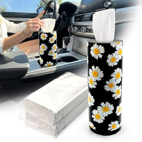Car Tissues Cylinder for Cup Holder - Refillable Round Tissues Canister with 2 Packs Tissue - Boho Floral Car Interior Accessories for Women & Men - Cute Flower Cars Decorations (Daisy) - color: Daisy