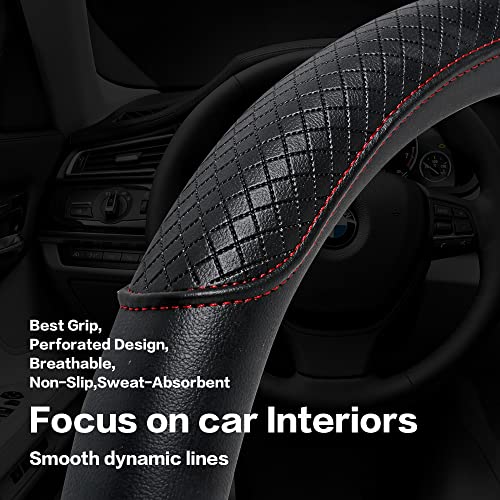 Steering Wheel Cover - Microfiber Leather, Classic Embossing, Anti-Slip Breathable, Fit 15 Inch (Black & Red Line) - color: Black&Red Line