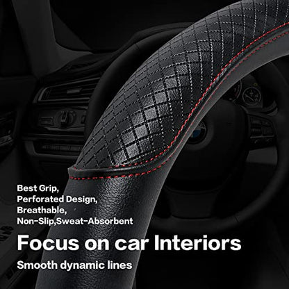 Steering Wheel Cover - Microfiber Leather, Classic Embossing, Anti-Slip Breathable, Fit 15 Inch (Black & Red Line) - color: Black&Red Line