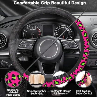 Pink Leopard Steering Wheel Cover,Pink Cheetah Leopard Universal 15" Elastic Car Steering Wheel Cover with 2 PCS Car Coasters,Anti-Slip Breathable Accessories for Auto,SUVs,Truck - color: Pink Leopard