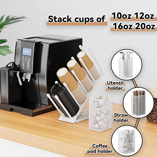 OVICAR Cup and Lid Holder - Adjustable Coffee Cup Holder Organizer 4 Compartment Disposable Paper Plastic Cup Dispenser with Straw Storage Basket for Coffee Bar Station Breakroom Countertop White - color: White
