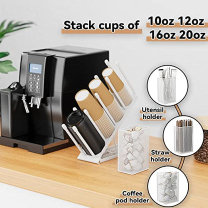 OVICAR Cup and Lid Holder - Adjustable Coffee Cup Holder Organizer 4 Compartment Disposable Paper Plastic Cup Dispenser with Straw Storage Basket for Coffee Bar Station Breakroom Countertop White - color: White