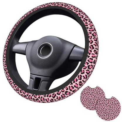 Pink Leopard Print Steering Wheel Cover Pink Cheetah Steering Wheel Car Cup Holder Pad 2 Pack 15 Inch Steering Wheel Cover Women Men Anti Slip Breathable Wheel Cover Protector - color: Pink leopard print