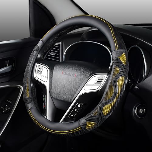 Iwantit® Steering Wheel Cover with 3D Honeycomb Anti-Slip Design and Breathable Fabrics and Pu Leather, Universal 14.5-15 Inch (Yellow/Black) - color: 004-Yellow/Black