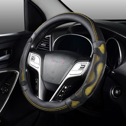 Iwantit® Steering Wheel Cover with 3D Honeycomb Anti-Slip Design and Breathable Fabrics and Pu Leather, Universal 14.5-15 Inch (Yellow/Black) - color: 004-Yellow/Black