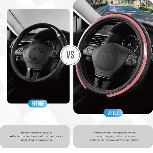 Road Comforts Leather Steering Wheel Cover – Black & Pink, Universal Fit 14.5-15 Inch, Microfiber Leather, Anti-Slip & Breathable Design for Men and Women - color: Light Pink