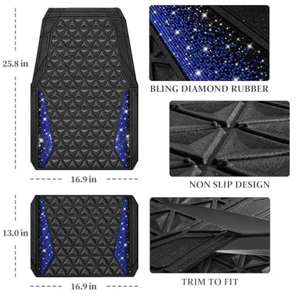 CAR PASS Bling Diamond Car Mats Rubber Floor Mats Full Set Anti-Slip 3D Rhombus Waterproof Trim to Fit Liner Universal Glitter Crystal Sparkly Shining Rhinestone Girl Women SUV Sedan Van, Black Blue - color: Blue Diamond