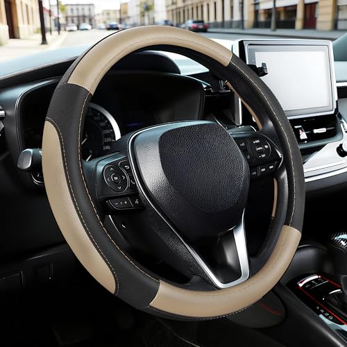 SEG Direct Car Steering Wheel Cover for F-150 Tundra Range Rover 15.5-16 inch, Black and Beige Microfiber Leather - color: Black and Beige, size: Large size[15 1/2''-16'']