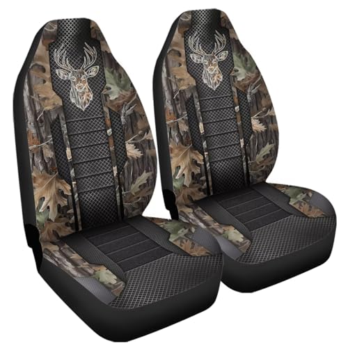 Camo Hunting Buck 2 Piece Car Front Seat Covers Only, Universal Washable Breathable, Waterproof Auto Seat Protector Cover - color: Green Camo hunting Buck