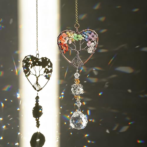 H&D HYALINE & DORA Suncatcher Window Hanging Tree of Life Heart Shaped Crystal Ball Prism Drop Pendant - color: Colorful