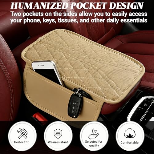 Upgraded Car Center Console Cover, Leather Auto Armrest Cover with 2 Storage Bags, Waterproof Center Console Protective Pad, Universal Cars Armrest Storage Box for Sedan, SUV, Truck (Beige) - color: Beige