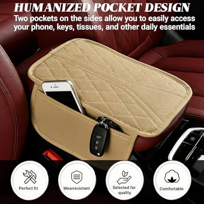 Upgraded Car Center Console Cover, Leather Auto Armrest Cover with 2 Storage Bags, Waterproof Center Console Protective Pad, Universal Cars Armrest Storage Box for Sedan, SUV, Truck (Beige) - color: Beige
