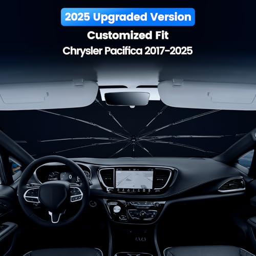 Windshield Sun Shade Umbrella for Chrysler Pacifica 2017-2026 Accessories, Upgraded Ice Crystal Coating with 360° Bendable Handle and Rearview Mirror Opening for Maximum UV Heat Protection - size: For Chrysler Pacifica 2017-2026-ICY