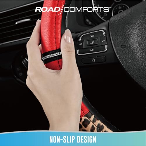 Road Comforts Leopard Steering Wheel Cover for Women, Cute Anti-Slip Microfiber Leather, Universal Fit 14.5-15 Inch Round Steering Wheel - Red - color: Round Red