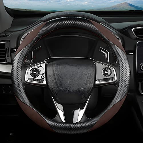 Steering Wheel Cover for Women and Men, Carbon Fiber Plush Steering Wheel Cover Soft Anti-Slip Comforting, Universal 15 Inches Steering Wheels Accessories (Carbon Fiber Black/Coffee)