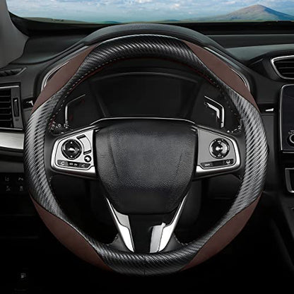 Steering Wheel Cover for Women and Men, Carbon Fiber Plush Steering Wheel Cover Soft Anti-Slip Comforting, Universal 15 Inches Steering Wheels Accessories (Carbon Fiber Black/Coffee) - color: Carbon Fiber Black/Coffee