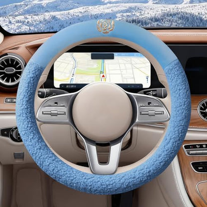 Blue Camellia Lambswool Steering Wheel Cover, for Universal Auto Steering Wheel 14.5-15 in, Lambswool Fabric, Anti-Slip, Soft Plush, Comforting and Luxurious, Embroidery Patterns, Soft Texture