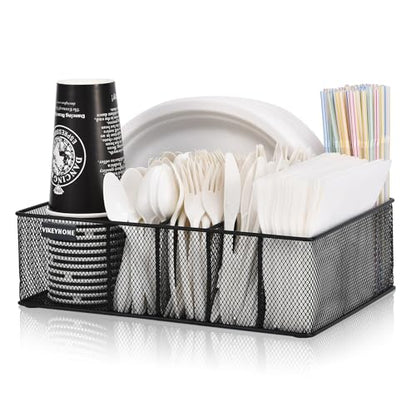 Paper Plate Organizer for Countertop, Metal Silverware Caddy with 6 Compartments for Cup, Napkin, Utensil Holder Caddy for Party, Camping, Picnic