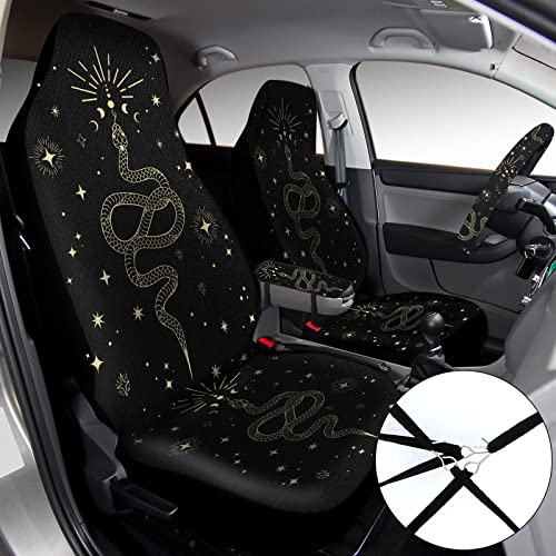 15 Pcs Boho Celestial Snake Seat Covers Full Set Thick Car Front and Back Steering Wheel Cover Seatbelt Strap Armrest Pads Cup Mat Wrist Strap Key Chains for Auto Truck - style: Snake
