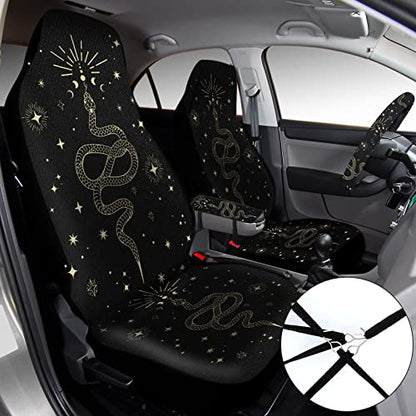 15 Pcs Boho Celestial Snake Seat Covers Full Set Thick Car Front and Back Steering Wheel Cover Seatbelt Strap Armrest Pads Cup Mat Wrist Strap Key Chains for Auto Truck - style: Snake