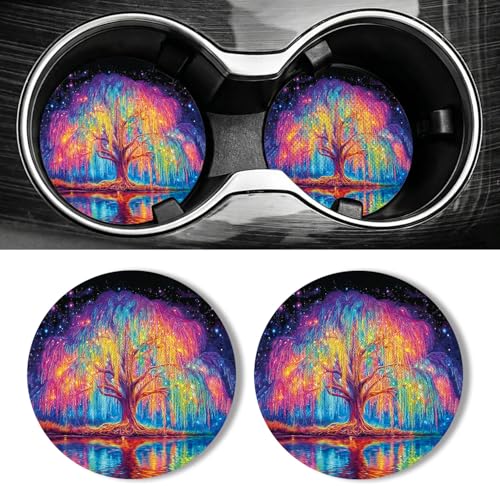 WOCOCN Car Coasters for Cup Holders - 2 Pack 2.75" Universal Rubber Car Cup Coaster, Non-Slip Waterproof Car Interior Accessories, Cute Car Decor Gifts for Women and Men (Colorful Tree) - color: Colorful Tree
