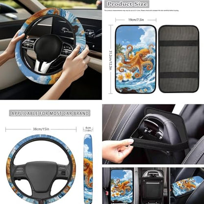 Forchrinse 15Pcs Car Seat Cover Hawaiian Octopus Front Back Seat Protector with Steering Wheel Cover+Seatbelt Pads+Coaster+Handbrake Gearshift Cover+Auto Trash Can for Most Vehicles - color: Hawaiian Octopus Printed